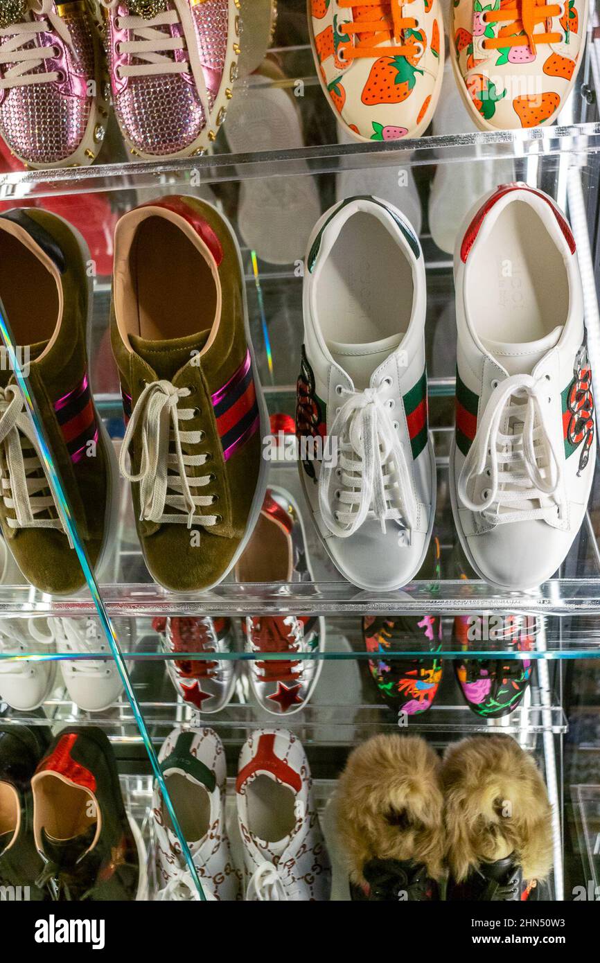 Florence, Italy, Close up, Inside Italian Luxury Fashion Designer Shop, Gucci Garden, Displays, gucci  [WOP] Adidas Sneakers Store Stock Photo