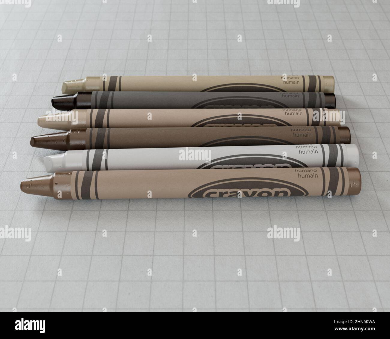 A concept showing childrens wax crayons in various color shades of skin tones yet all the same