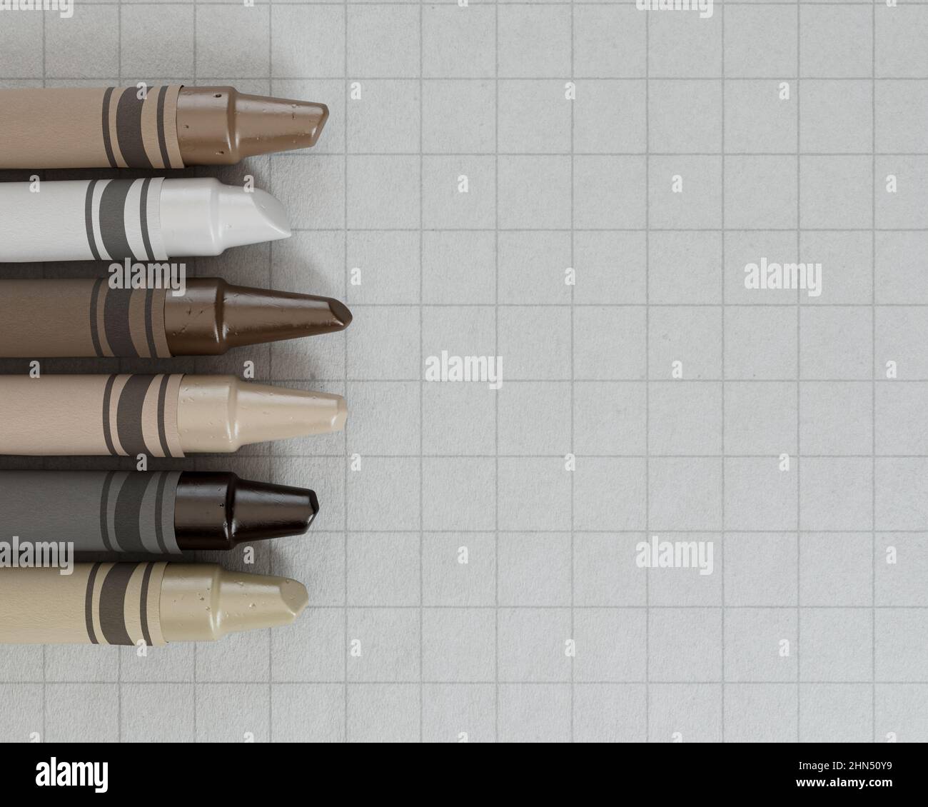 A concept showing childrens wax crayons in various color shades of skin tones yet all the same