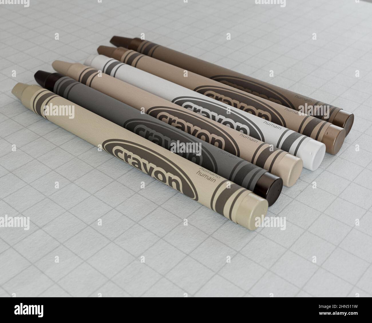 A concept showing childrens wax crayons in various color shades of skin tones yet all the same