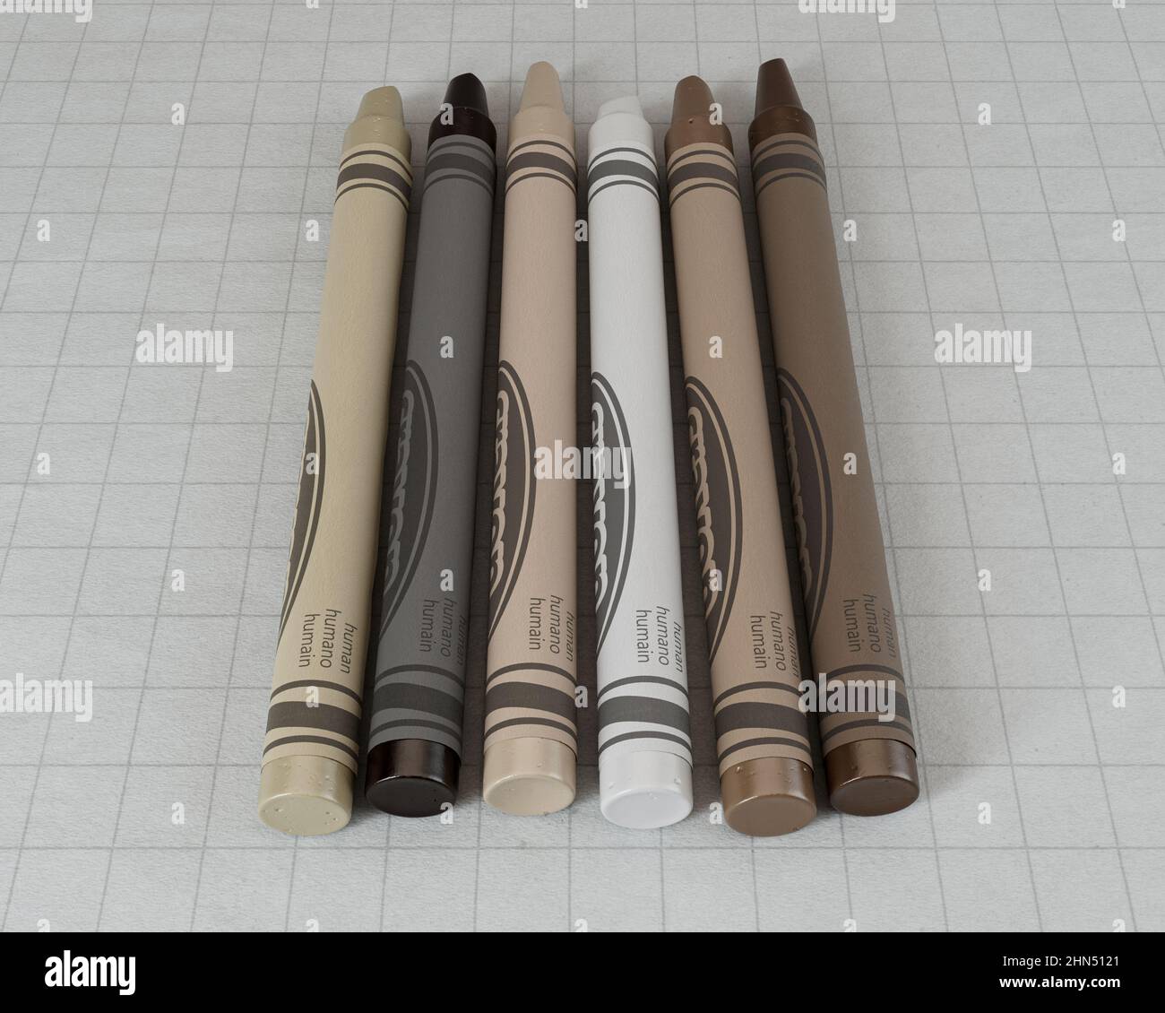 A concept showing childrens wax crayons in various color shades of skin tones yet all the same