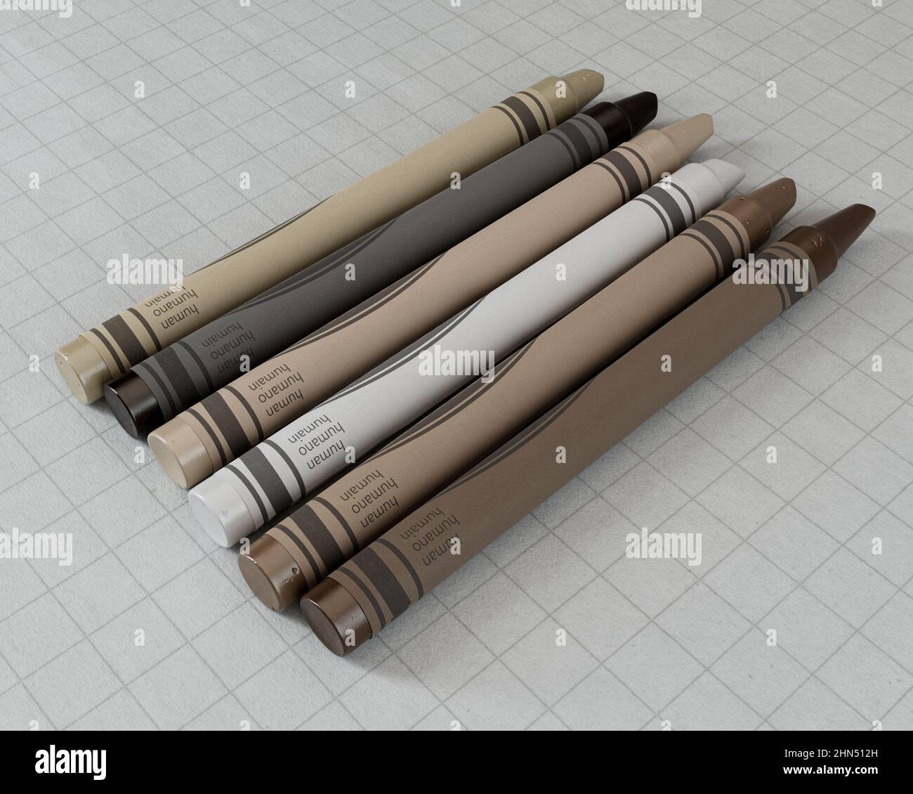 A concept showing childrens wax crayons in various color shades of skin tones yet all the same