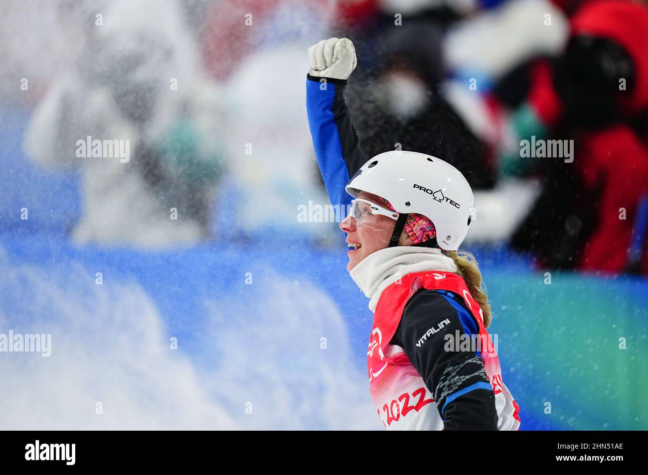 Zhangjiakou, China's Hebei Province. 14th Feb, 2022. Hanna Huskova of Belarus reacts during the freestyle skiing women's aerials final of Beijing 2022 Winter Olympics at Genting Snow Park in Zhangjiakou, north China's Hebei Province, Feb. 14, 2022. Credit: Xu Chang/Xinhua/Alamy Live News Stock Photo