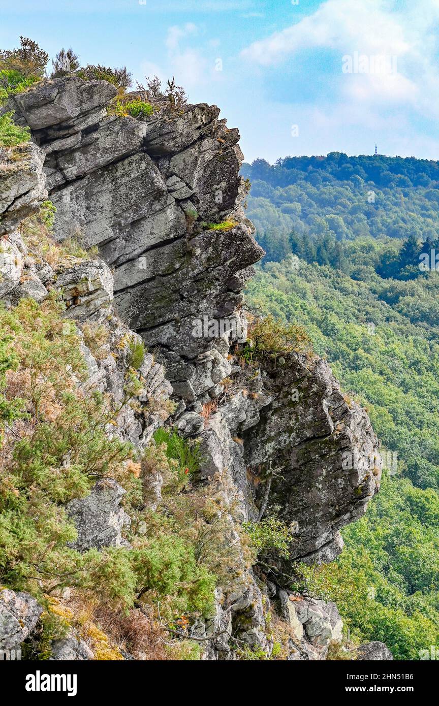 La Roche d'Oëtre offers a beautiful panorama over the Rouvre River valley from the 118-metre high viewpoint in the heart of the Swiss Normandy, France Stock Photo