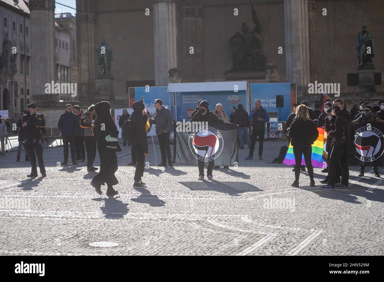Munich, Germany. 13th Feb, 2022. Antifascists with banners in front of ...
