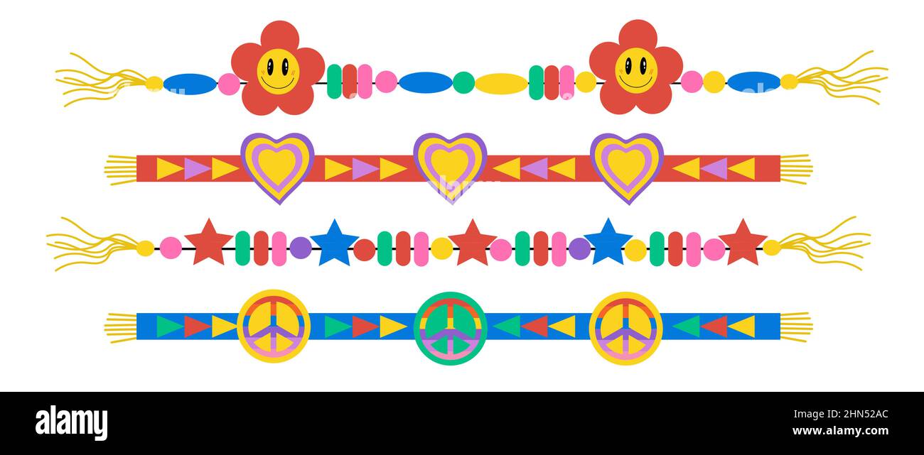 Friendship bracelets set. Retro hippie DIY beaded bracelets with peace icon and heart, flower power. Vector illustration clip-art Stock Vector