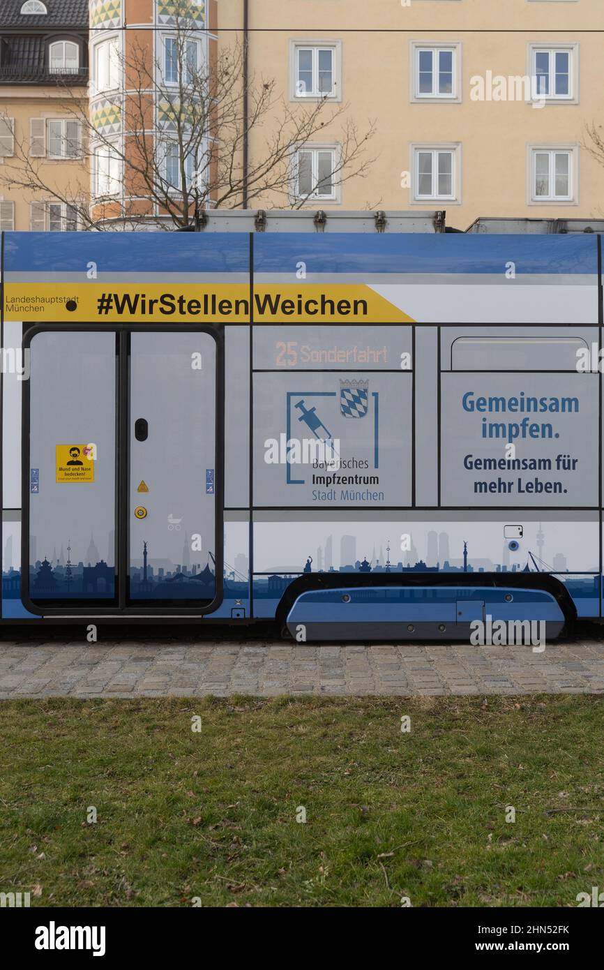 Munich, Germany. 14th Feb, 2022. On February 14, 2022, the vaccination tram was presented in Munich. Participants were: Minister of State Klaus Holetschek, Mayor Verena Dietel, Oliver Kahn and Beatrix Zurek. (Photo by Alexander Pohl/Sipa USA) Credit: Sipa USA/Alamy Live News Stock Photo