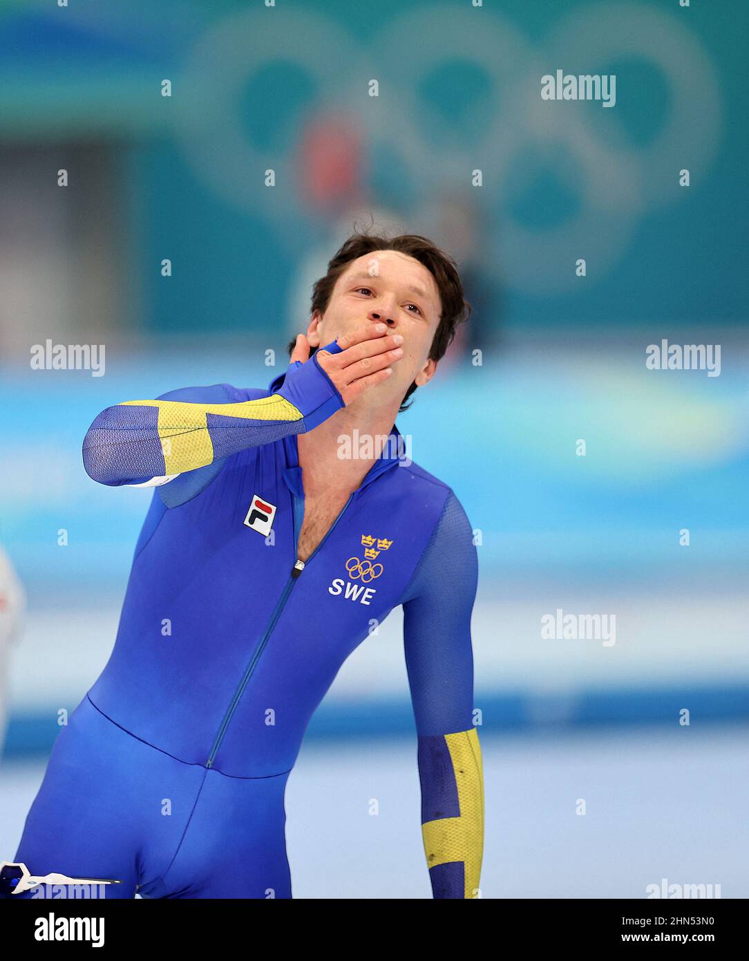 Nils van der Poel of Sweden celebrates breaking the world record of the