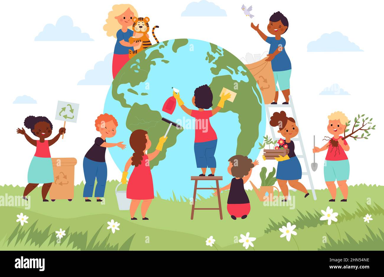 Children save planet. Globalization, globe earth environment protect. Kids eco hero, organic lifestyle and saving plants and animals, decent vector Stock Vector