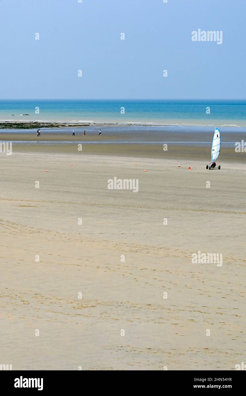 At low tide, the sandy beach of Saint-Aubin-sur-Mer on the Côte d'Albâtre is the race ground of beach sailors, Normandy, France Stock Photo