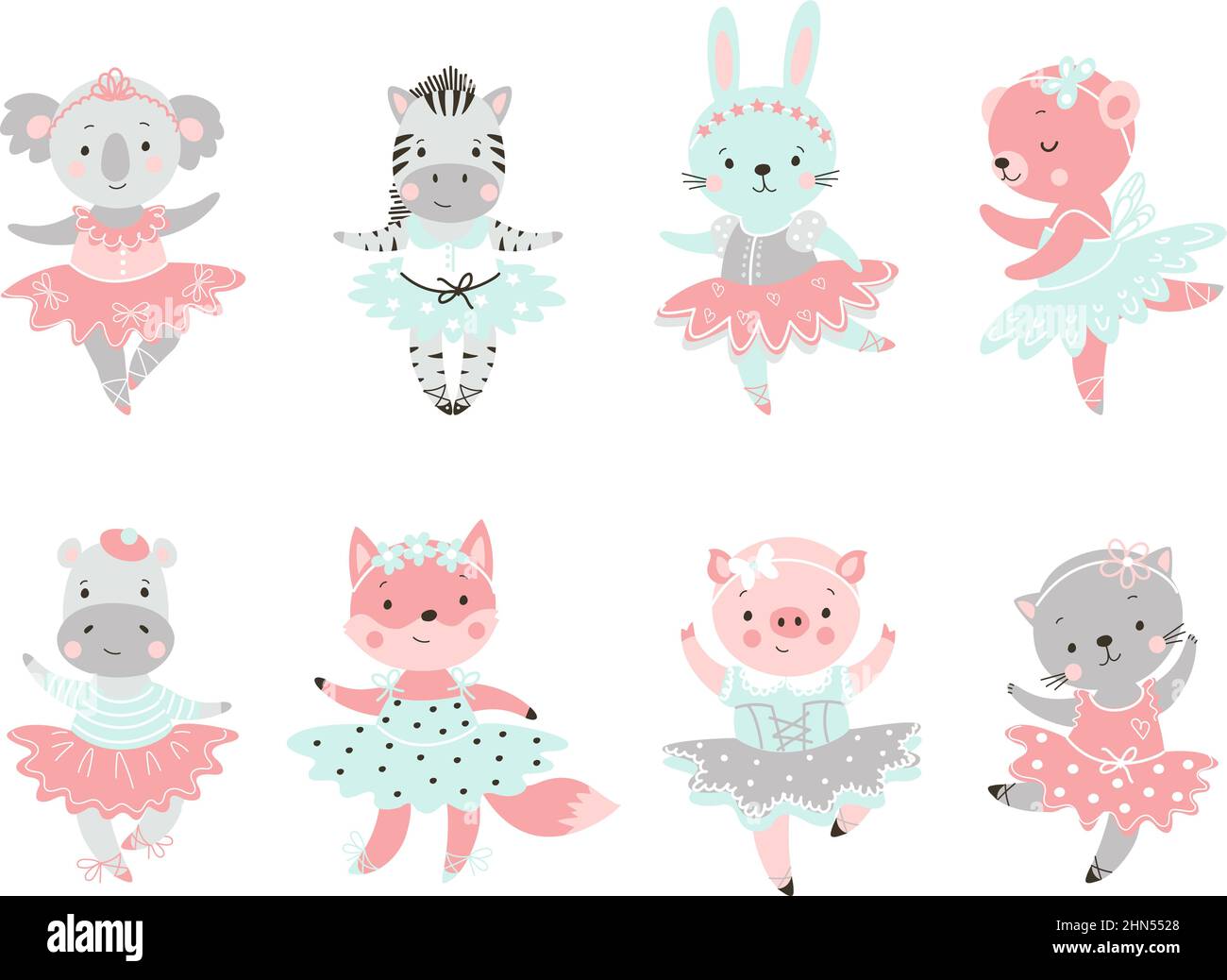 Ballet animal. Bear in tutu, baby rabbit ballerina. Cute fairy dance animals. Girls coala, fox and kitty dancing. Adorable cartoon nowaday vector Stock Vector