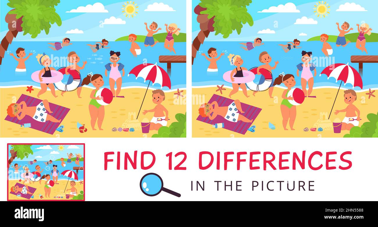 Find Difference. 12 Differences In Picture With Happy Kids On Beach. Paper  Game Location For Attention Training, Summer Children Puzzle, Decent Vector  Stock Vector Image & Art - Alamy