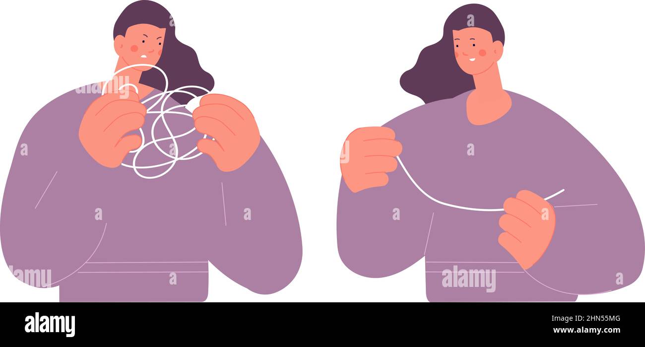 Woman unravels puzzle. Tangled mind, mental problems solution. Angry adult with tangle and happy with simple line, mindfulness self care, vector Stock Vector