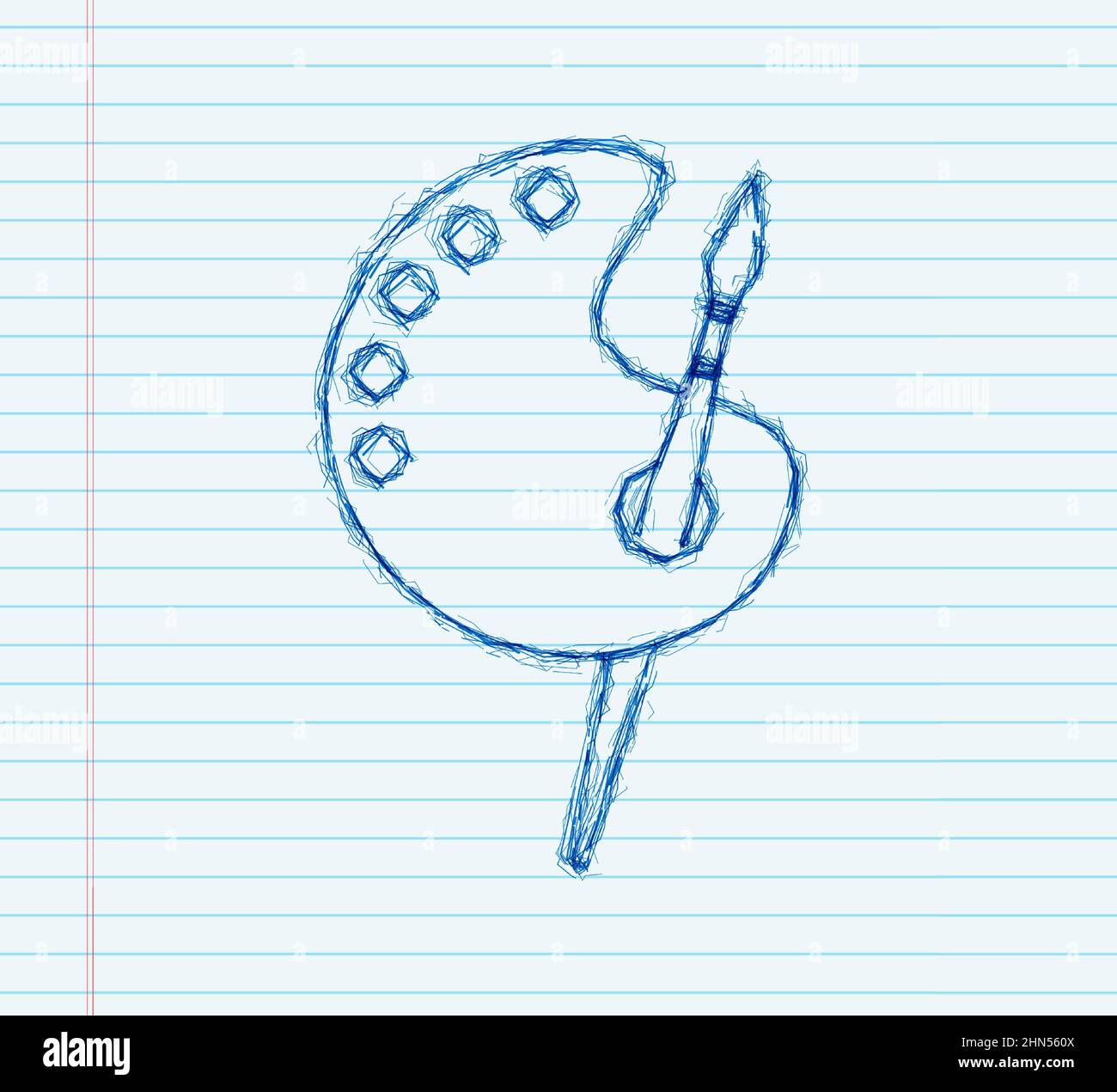 Cartoon paintbrush and palette of paints seven colors of rainbow. sketch icon. Vector stock