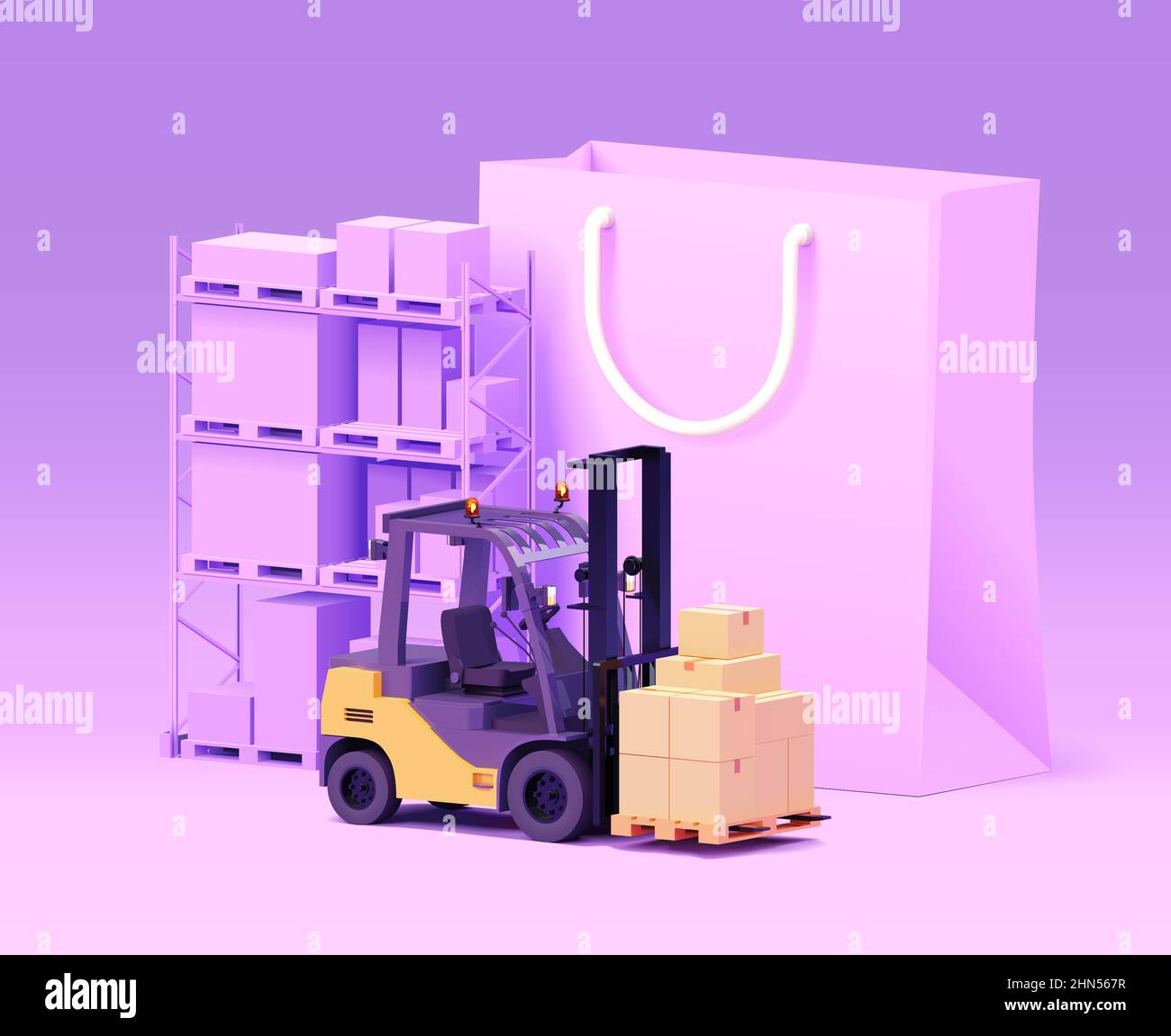 Vector forklift and warehouse pallet racking. Forklift and pallet