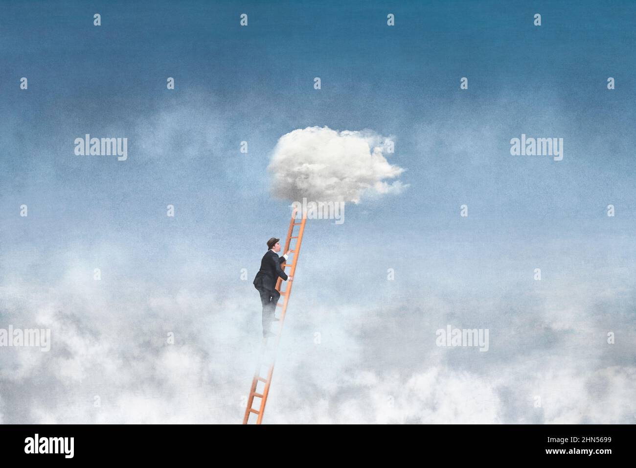 concept of success, surreal businessman reaches the highest step up to the sky Stock Photo