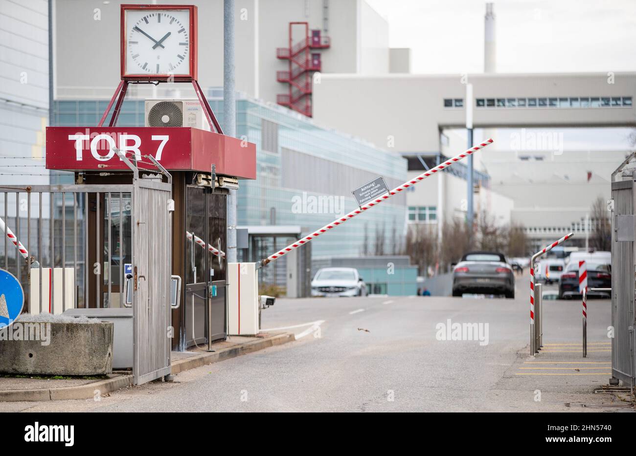 Sindelfingen, Germany. 14th Feb, 2022. Gate 7 of the Mercedes-Benz plant in  Sindelfingen. The day before, Sunday, Feb. 13, 2022, a motorist broke  through a barrier there and sped across the Daimler