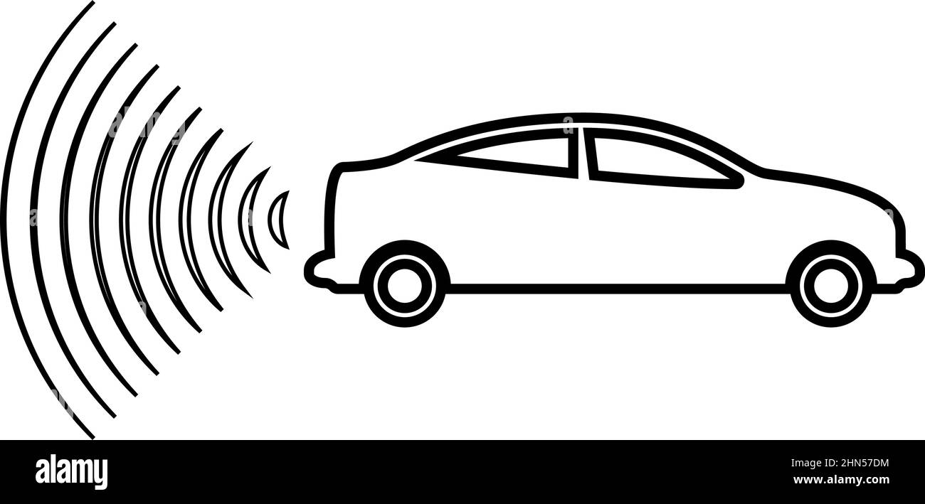 Car radio signals sensor smart technology autopilot back direction contour outline line icon black color vector illustration image thin flat style Stock Vector