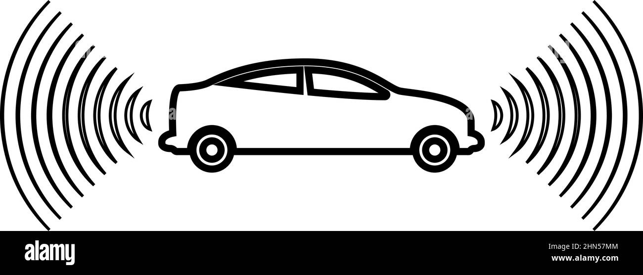 Car radio signals sensor smart technology autopilot front and back direction contour outline line icon black color vector illustration image thin Stock Vector
