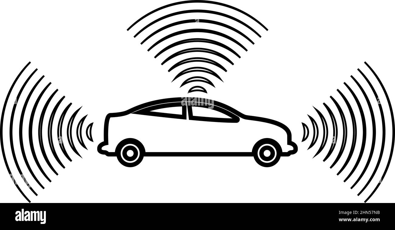 Car radio signals sensor smart technology autopilot all direction contour outline line icon black color vector illustration image thin flat style Stock Vector