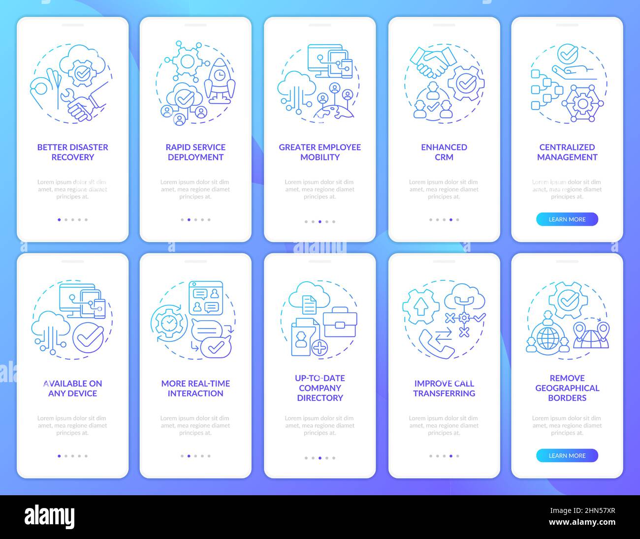 UCaaS blue gradient onboarding mobile app screen set Stock Vector