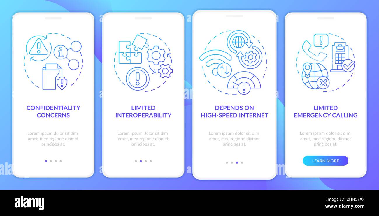 UCaaS risks blue gradient onboarding mobile app screen Stock Vector