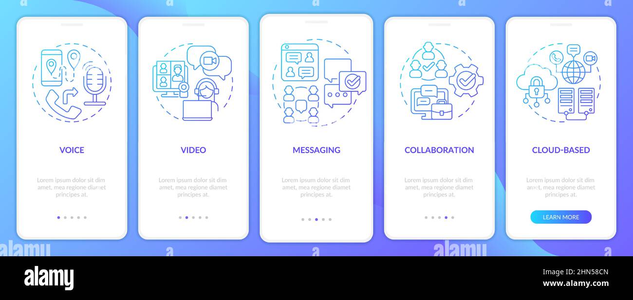 UCaaS functions blue gradient onboarding mobile app screen Stock Vector