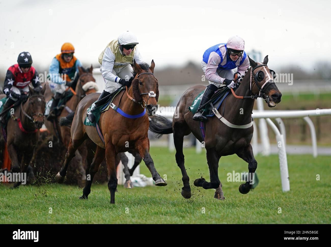 Sayar (left) ridden by Charlie Hammond during the Love Racing Handicap Hurdle at Catterick Bridge Racecourse. Picture date: Monday February 14, 2022. Stock Photo