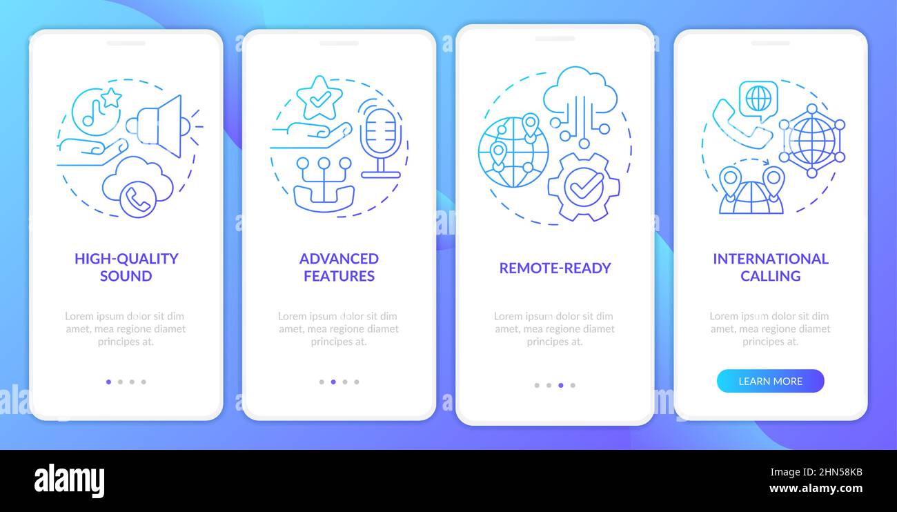Benefits of VOIP blue gradient onboarding mobile app screen Stock ...