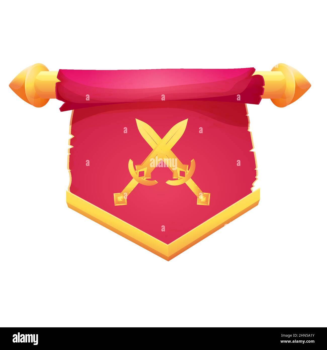 Red hanging medieval banner flag with cloth texture, golden decoration and swords in cartoon style isolated on white background. Ui game asset, heraldic design element,. Vector illustration Stock Vector