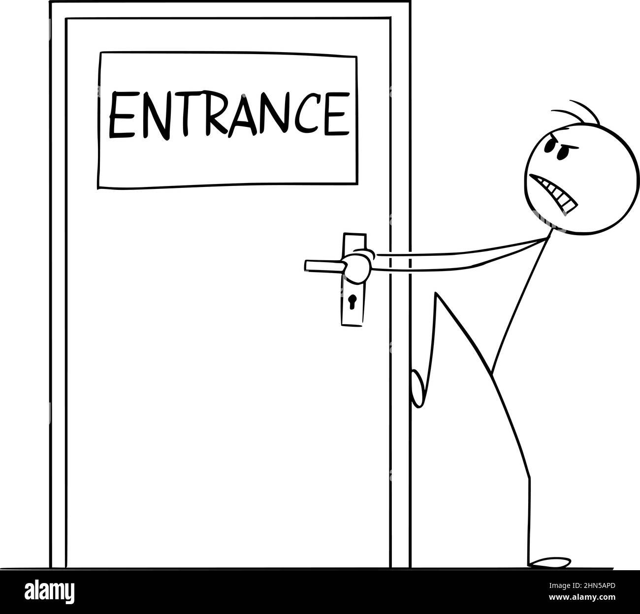 Person Trying to Open Locked or Blocked Entrance Door , Vector Cartoon Stick Figure Illustration Stock Vector