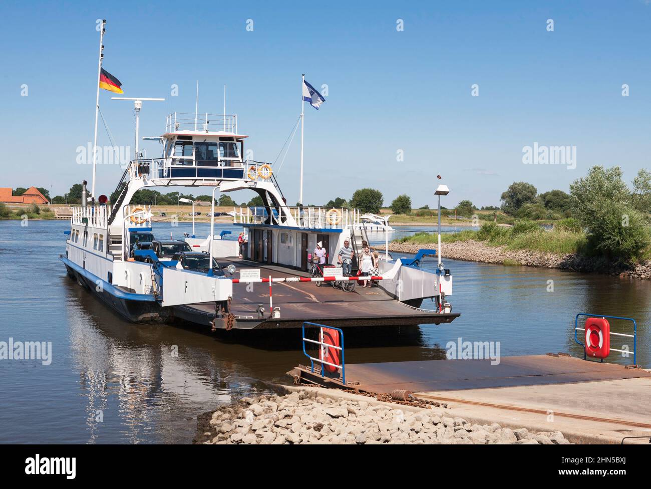 The Darchau to Neu Darchau car ferry 'Tanja' over the river Elbe in Lower Saxony, Germany, Europe Stock Photo