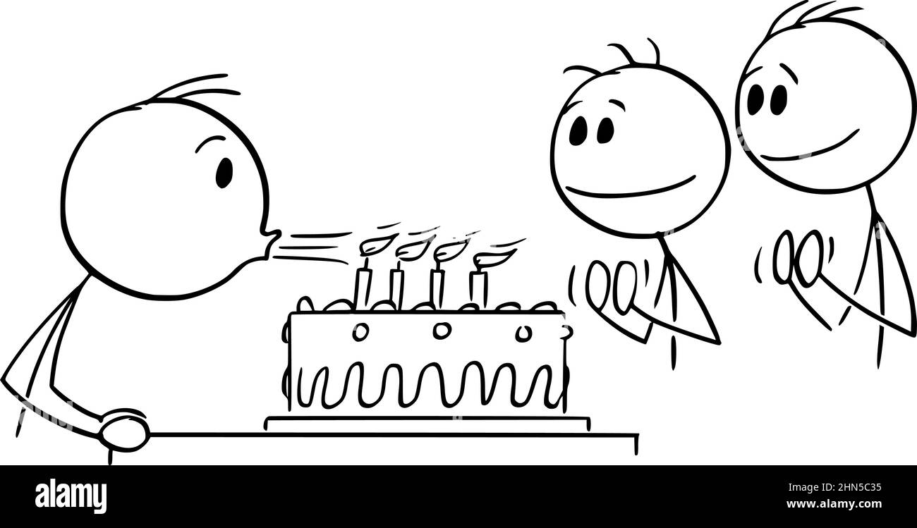 Person Blowing Out Candles on Birthday Cake , Vector Cartoon Stick Figure Illustration Stock Vector