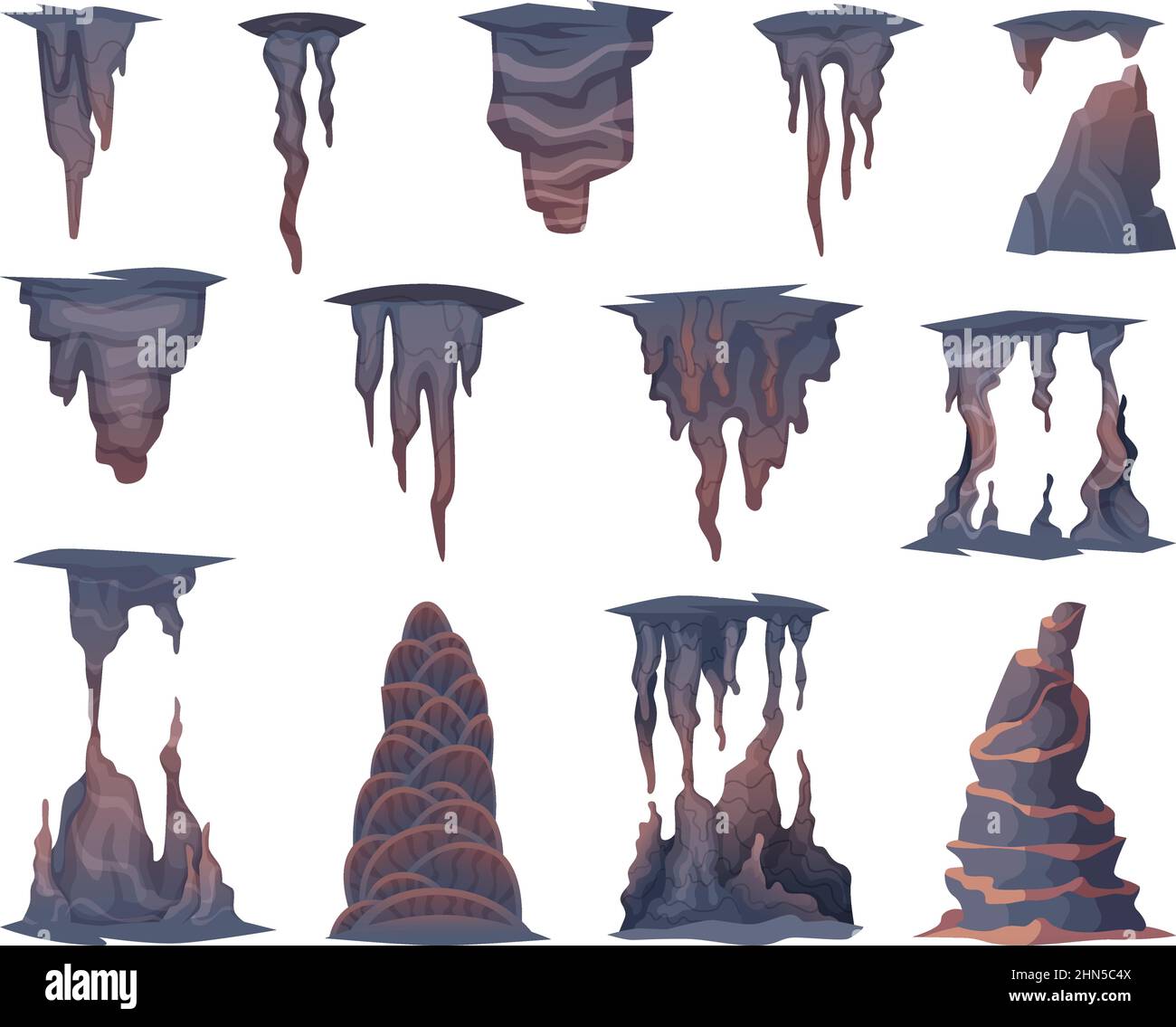 Stalagmite stones. Mountains natural rocks objects in cave exact vector collection set Stock Vector