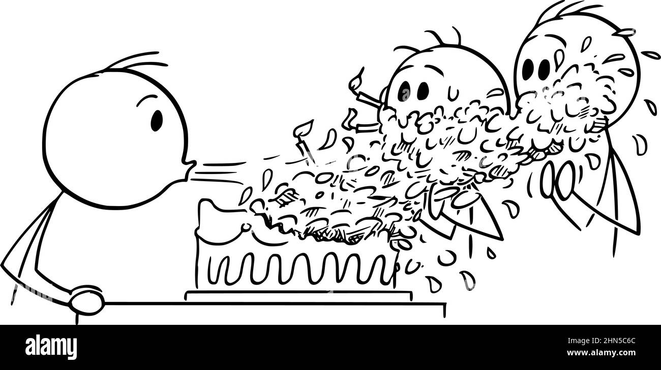 Person Blowing Out Candles on Birthday Cake , Vector Cartoon Stick