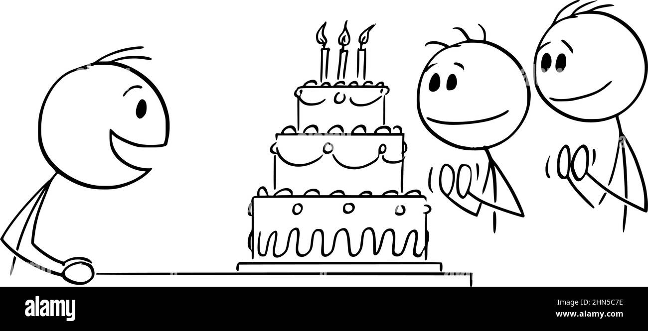 Person Enjoying Birthday Celebration and Cake , Vector Cartoon Stick
