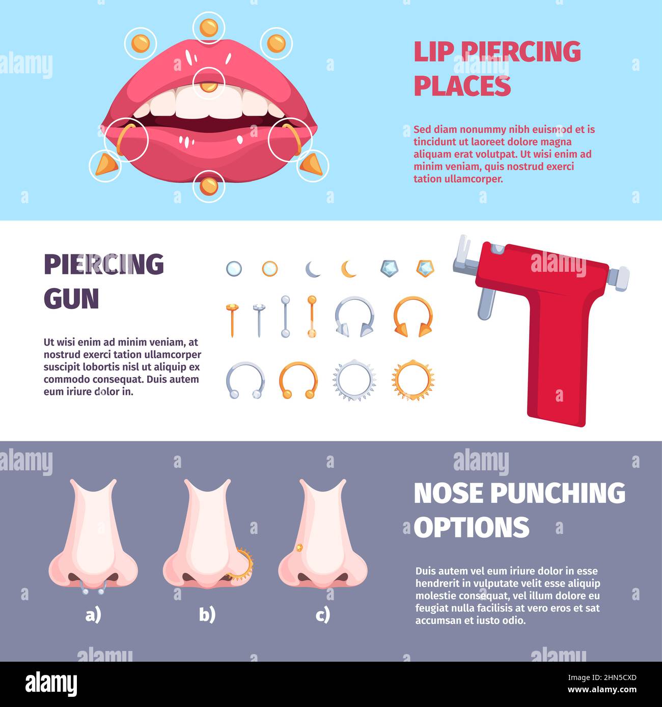 Piercing banners. Body and face decorative elements dots arrows metallic rings piercing nose eyes and lips garish vector printing design templates Stock Vector