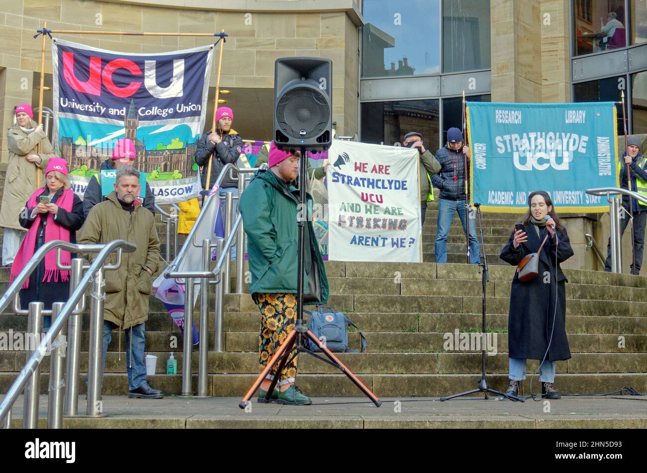 Glasgow, Scotland, UK  14th February, 2022.  University staff rally on the steps of Buchanan galleries today . Credit  Gerard Ferry/Alamy Live News Stock Photo