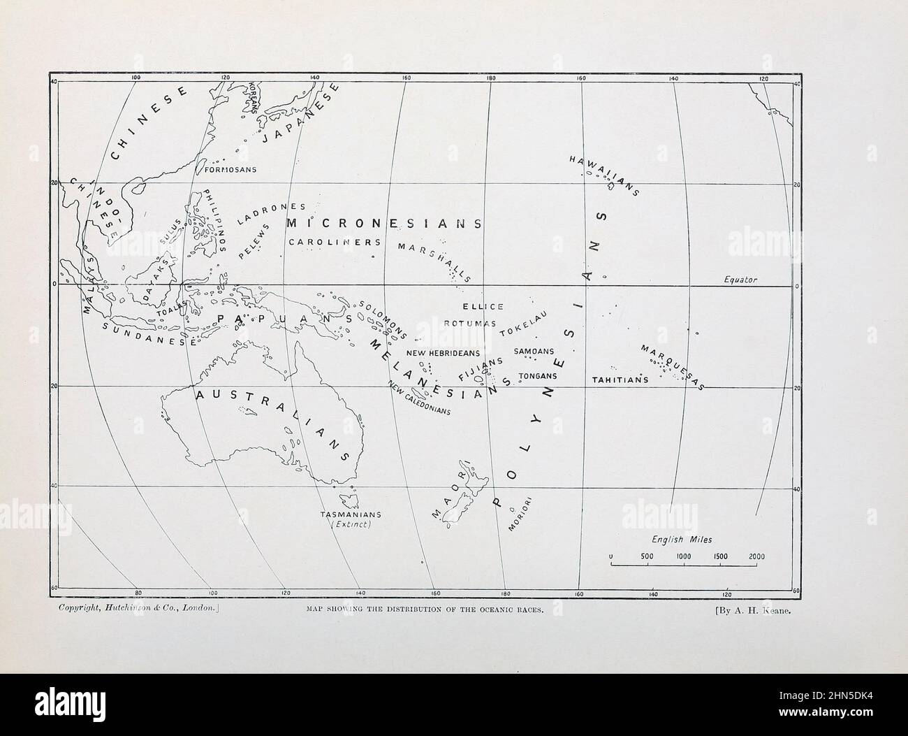 Map showing the distribution of races of the Pacific Ocean from The living races of mankind : a popular illustrated account of the customs, habits, pursuits, feasts & ceremonies of the races of mankind throughout the world Volume 1 by Sir Harry Hamilton Johnston, Henry Neville Hutchinson, Richard Lydekker and Dr. A. H. Keane published London : Hutchinson & Co. 1902 Stock Photo