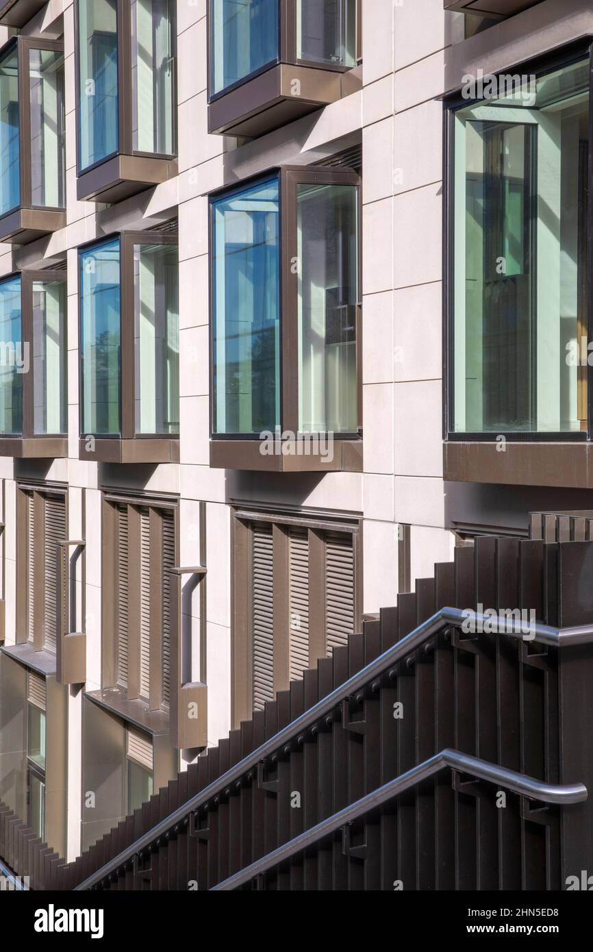 Detail of south elevation with bridge hand rail. 8-13 Casson Square, London, United Kingdom. Architect: Patel Taylor Architects, 2022. Stock Photo