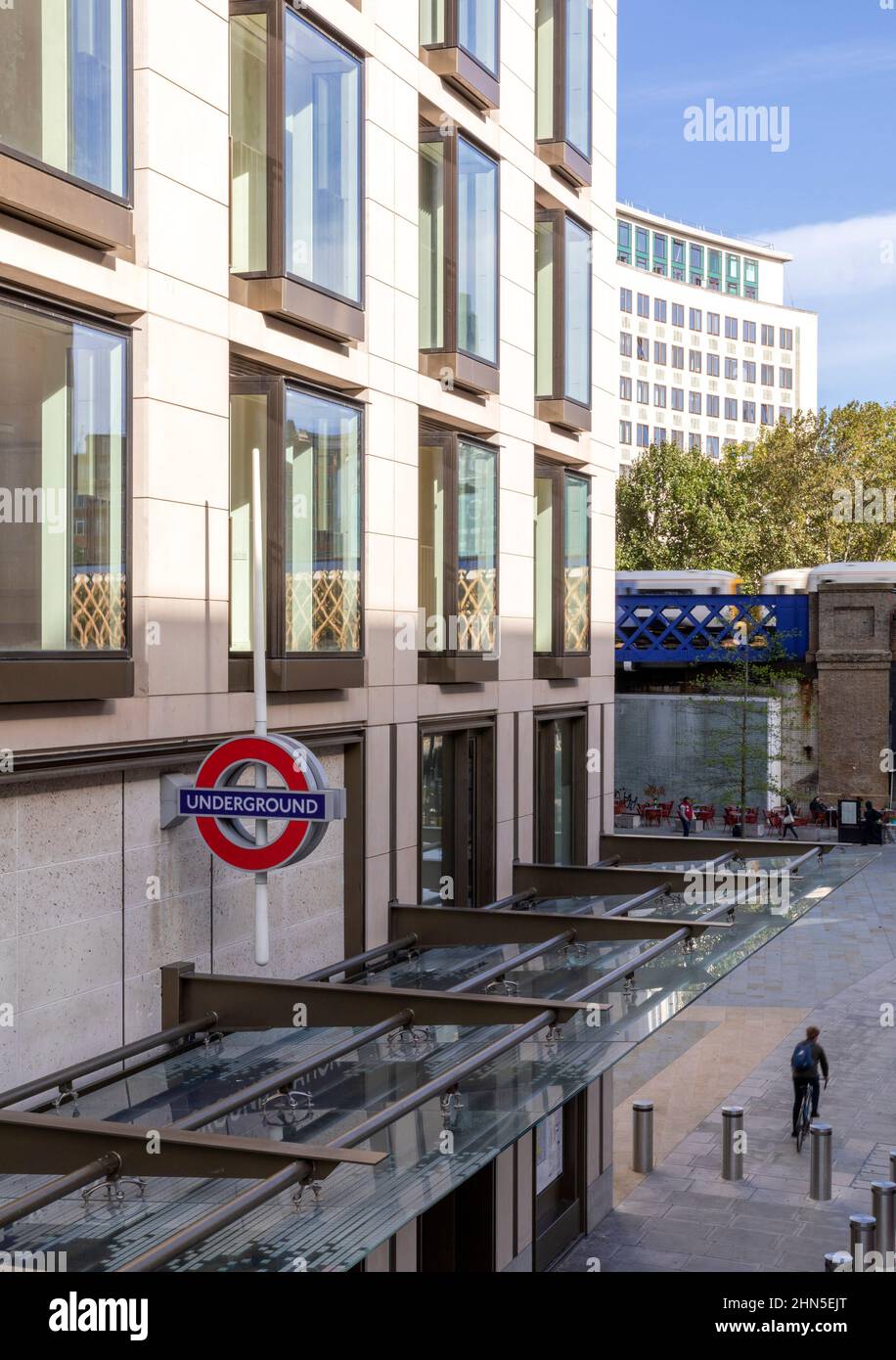 Underground station entrance with canopy from pedestrian bridge. 8-13 Casson Square, London, United Kingdom. Architect: Patel Taylor Architects, 2022. Stock Photo