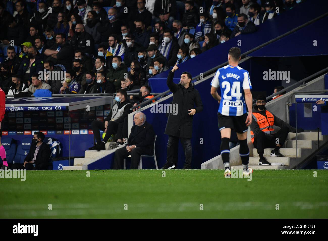 Barcelona, Spain. 13th Feb, 2022. BARCELONA - FEBRUARY 13: Manager Xavi Hernandez of Barcelona during the La Liga match between RCD Espanyol v Barcelona at RCDE Stadium on February 13, 2022 in Barcelona, Spain. (Photo by Sara Aribó/PxImages) Credit: Px Images/Alamy Live News Stock Photo