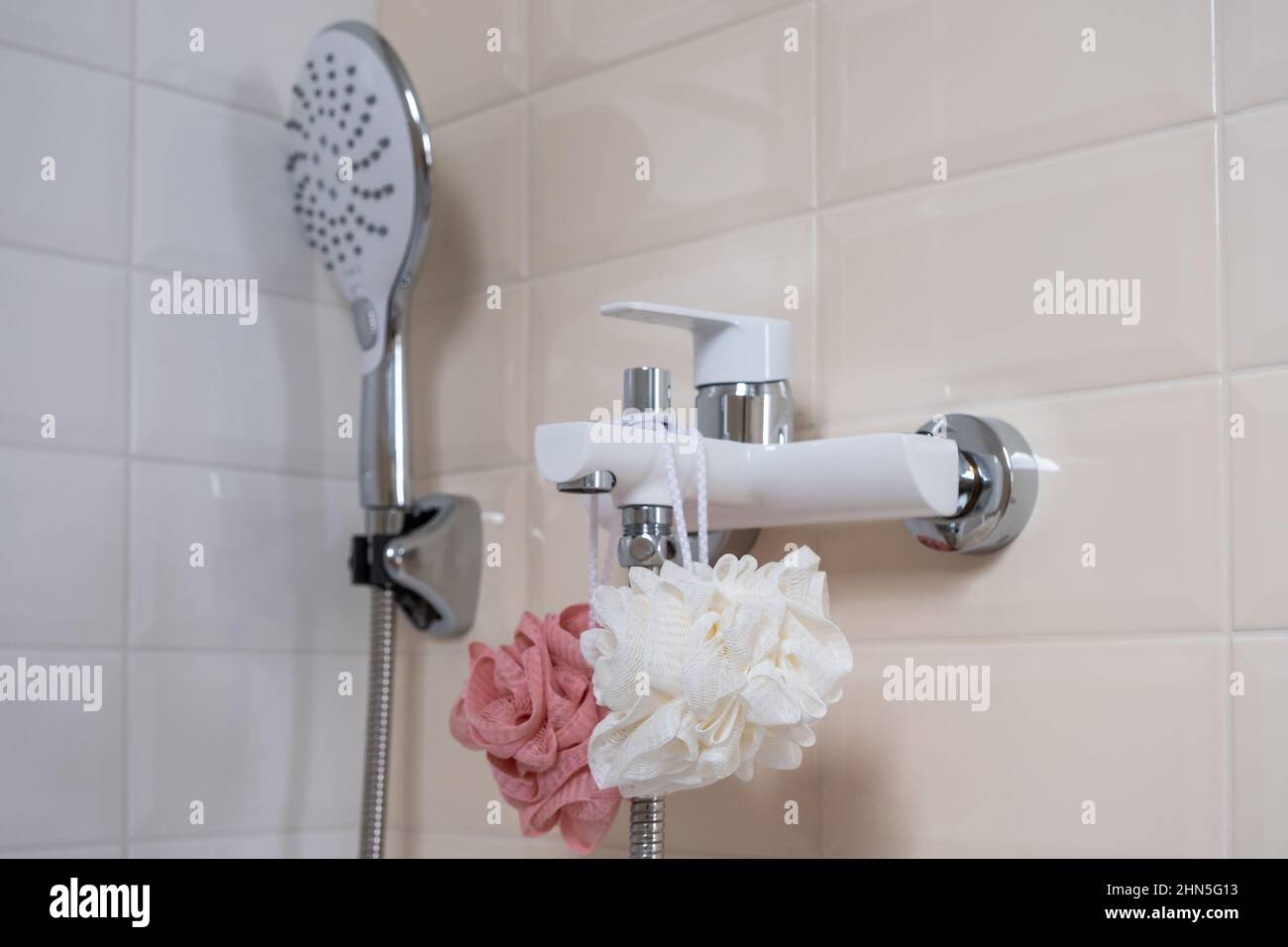 Interior of a modern shower head in a bathroom at home. Modern bathroom ...