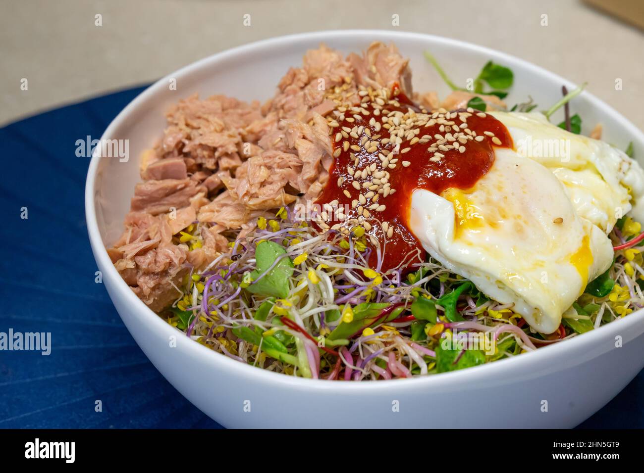 Home made tuna and fresh vegetables bibimbap, Korean traditional food