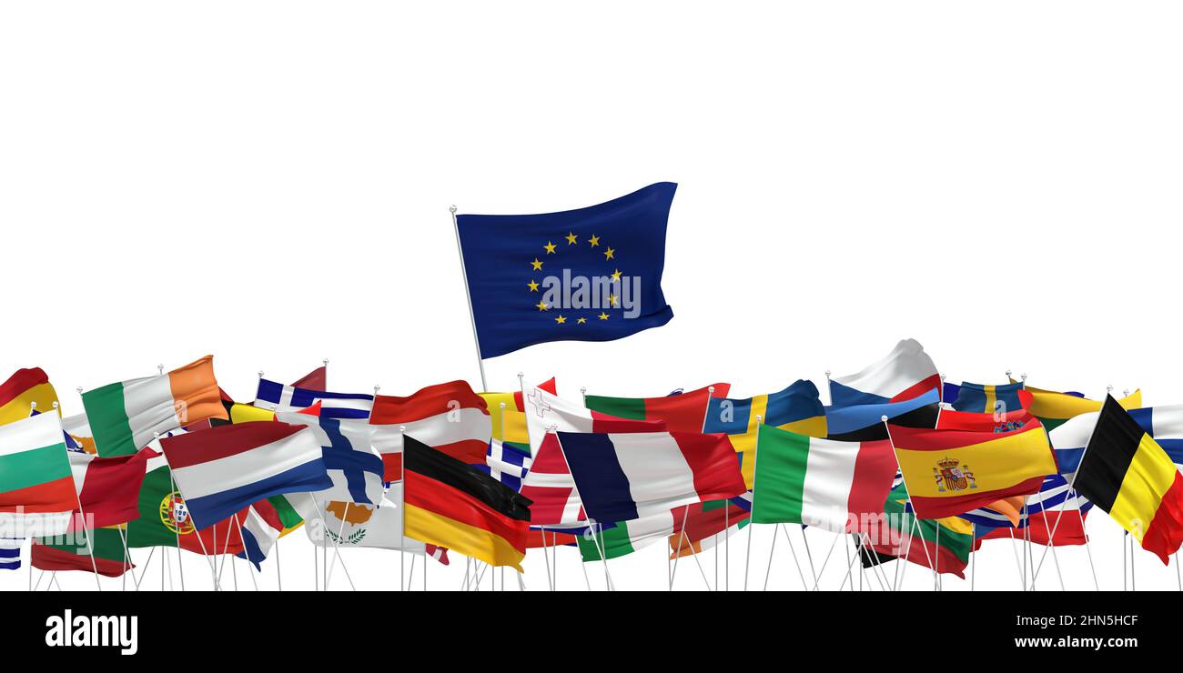 flags of member countries of the European Union and large European flag. White background 3D