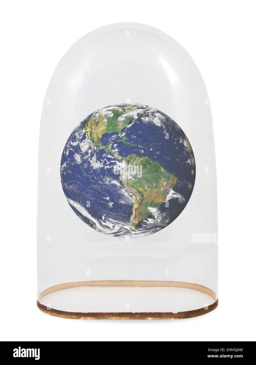 Vintage glass bell jar protecting the planet earth isolated on a white background. Contains imagery furnished by NASA Stock Photo