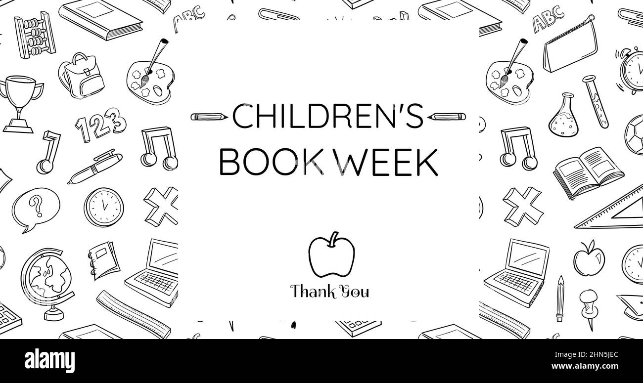 Digitally generated image of children's book week text on white background with various icons Stock Photo