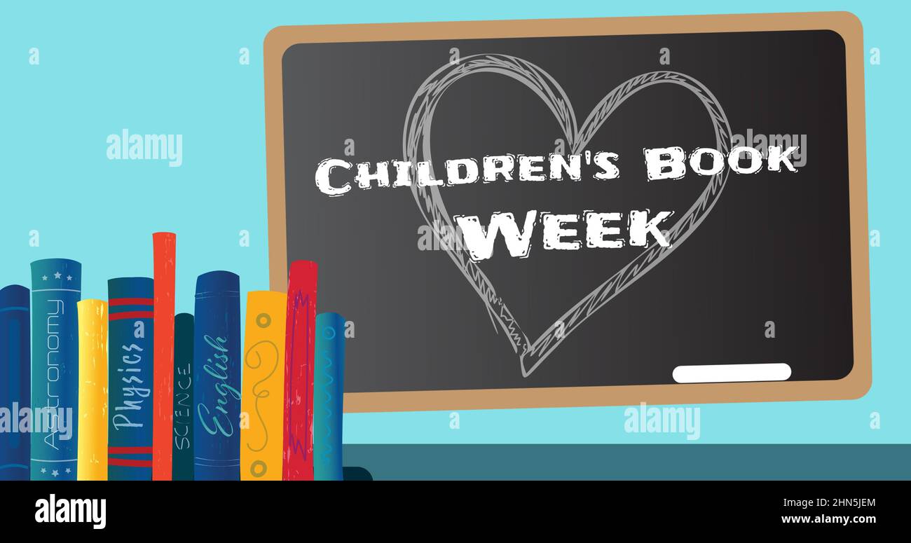 Vector image of children's book week and heart shape on slate with colorful books against blue wall Stock Photo