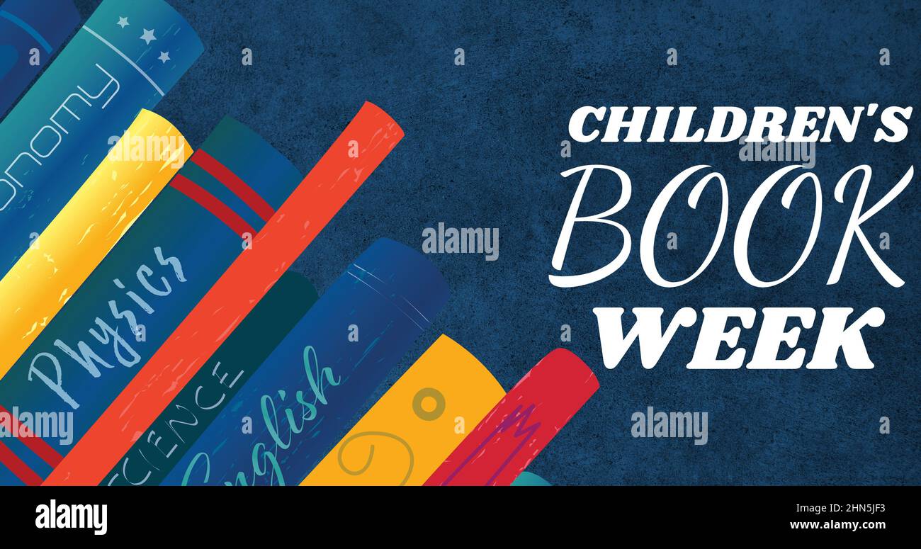 Vector image of various colorful books with children's book week text over blue background Stock Photo