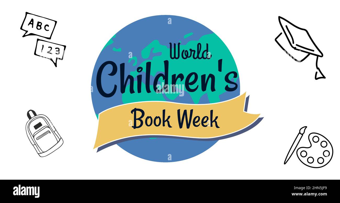 Vector image various icons by world children's book week text on globe over white background Stock Photo